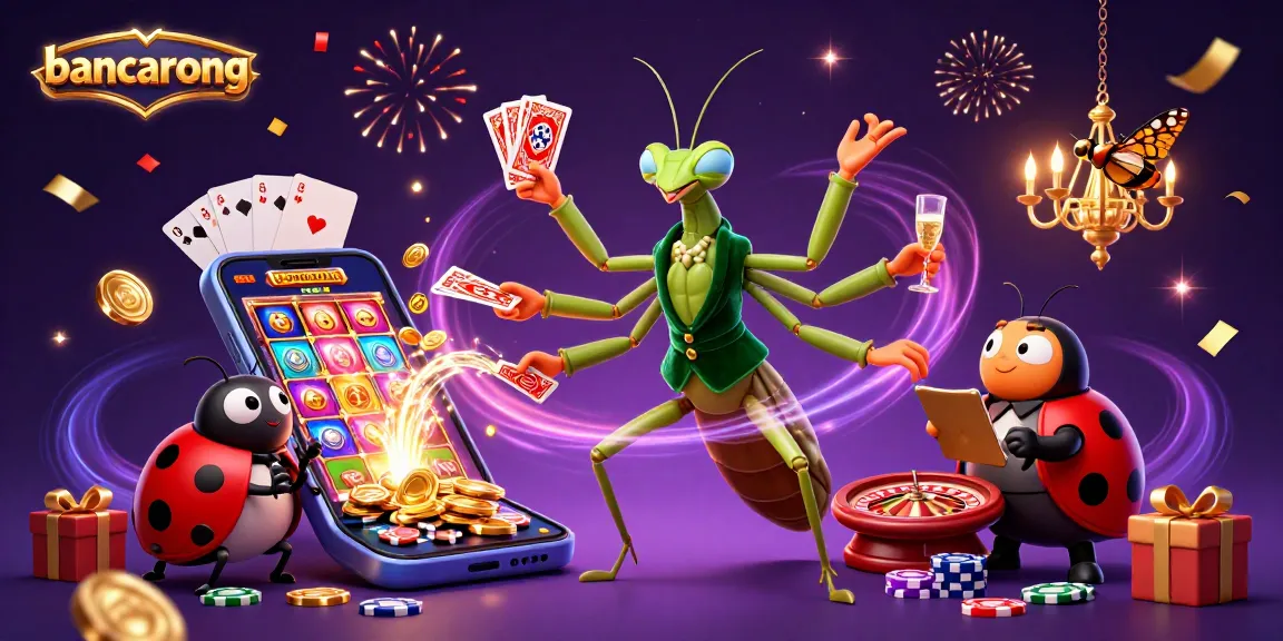 Bancarong's vibrant celebration scene with a card sharp mantis and a ladybug pit boss amidst casino elements.