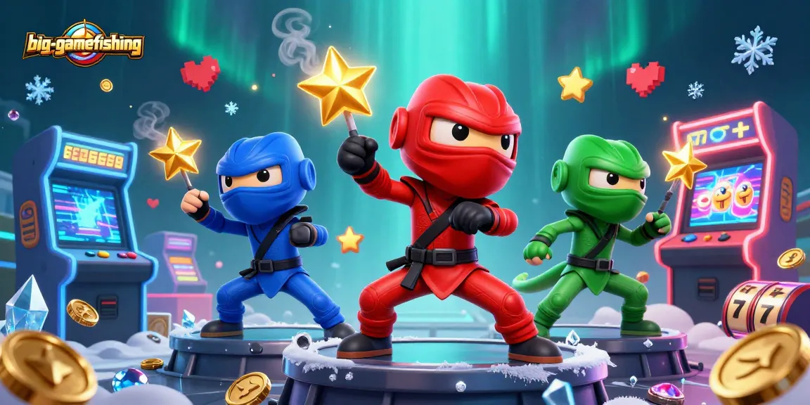 Experience big-gamefishing with ninja chameleons in a vibrant, animated casino scene.