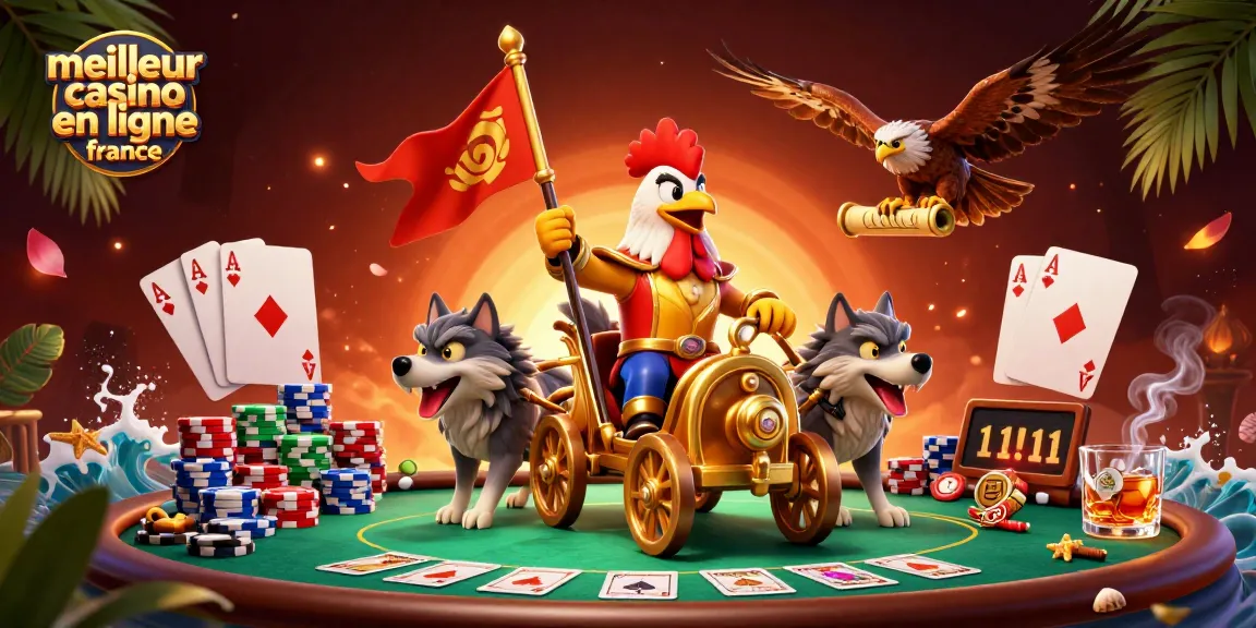 Pariez au meilleur casino en ligne France avec un étonnant chariot doré entouré de jetons de poker.