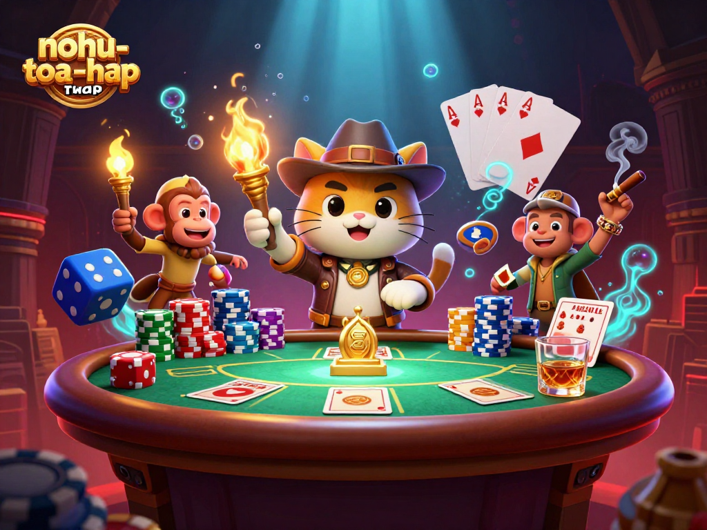Engage with nohu-toa-thap as the cat archaeologist finds a golden casino artifact amidst vibrant poker elements.