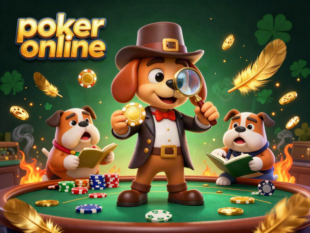 Engage in poker online with a detective uncovering clues at a golden poker table.