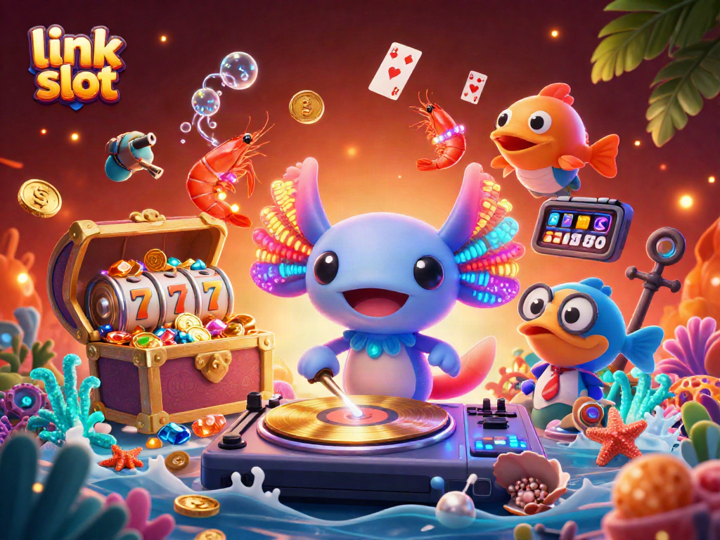 Engage with the link slot as a colorful axolotl DJ spins vibrant tunes amidst a lively underwater casino scene.