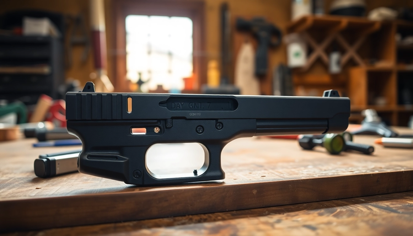 Showcasing a glock 19 gen 3 oem slide on a workbench with intricate details and textures.