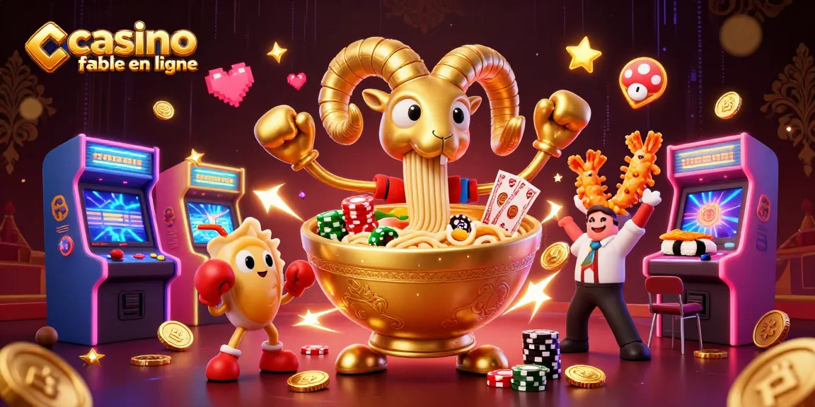 Jouer au casino fiable en ligne avec une illustration 3D riche mettant en scène un bol de ramen géant et des personnages animés.