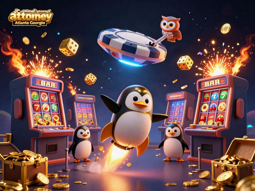 Exciting ultra-detailed 3D illustration of a golden penguin and poker chip casino, representing criminal attorney Atlanta Georgia.