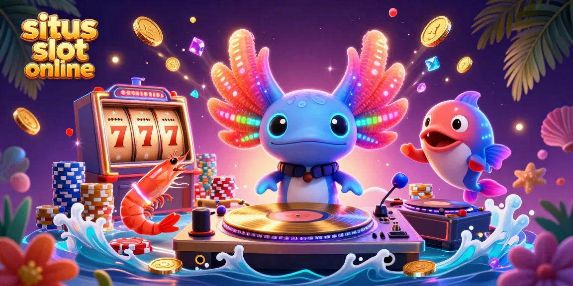 Mainkan situs slot online dengan ilustrasi DJ axolotl kartun dan elemen kasino bersinar.