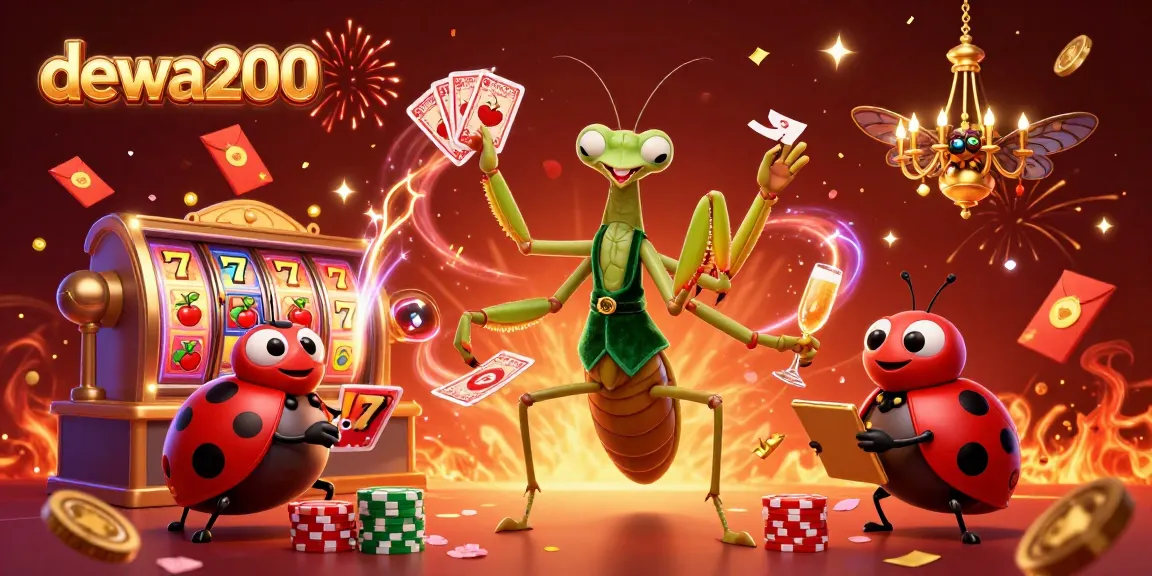 dewa200 menampilkan mantis raksasa di kasino dengan slot berputar dan kemeriahan berwarna emas