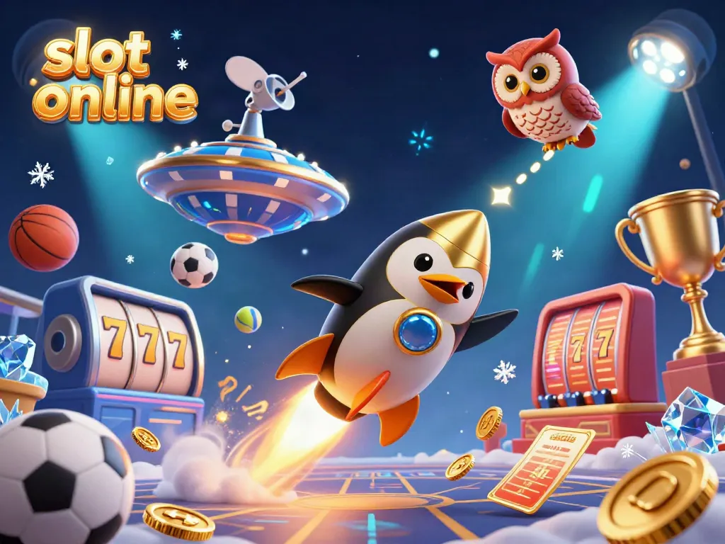 Experience thrilling slot online action with a golden penguin and casino motifs in a cosmic setting.