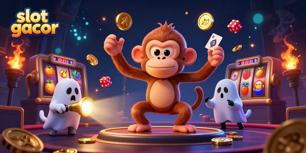 Slot gacor seru dengan karakter jester dan anjing pemburu hantu di kasino berhantu.