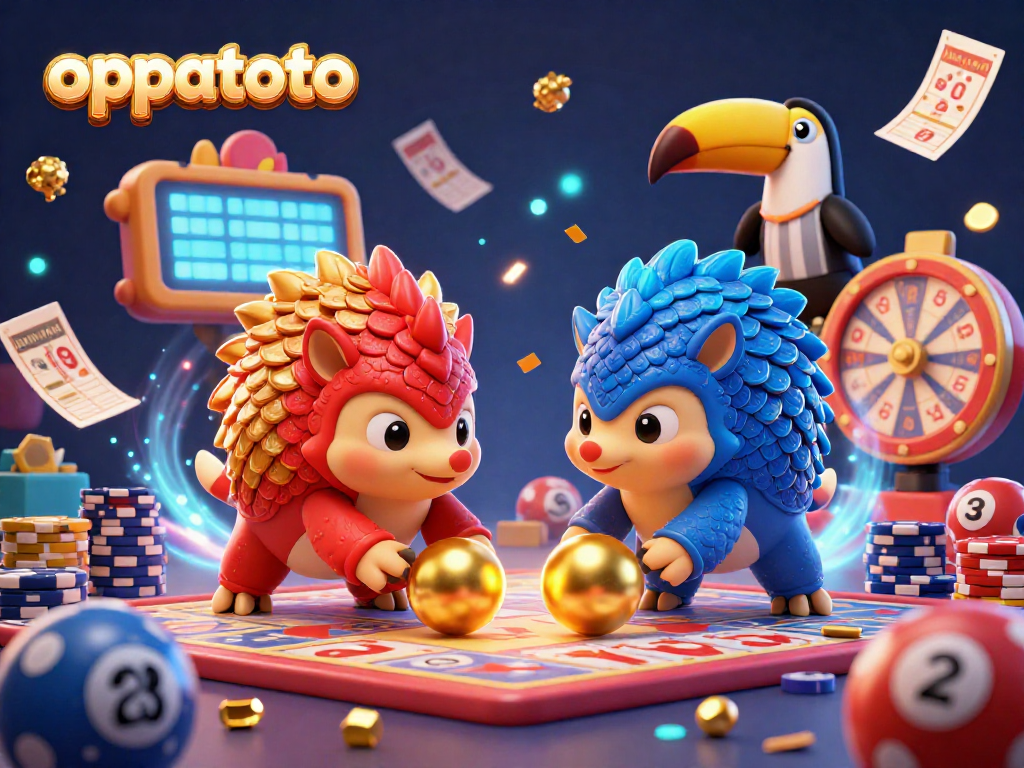 Engage with oppatoto’s dynamic lottery scene showcasing pangolins, golden balls, and lively bingo elements.