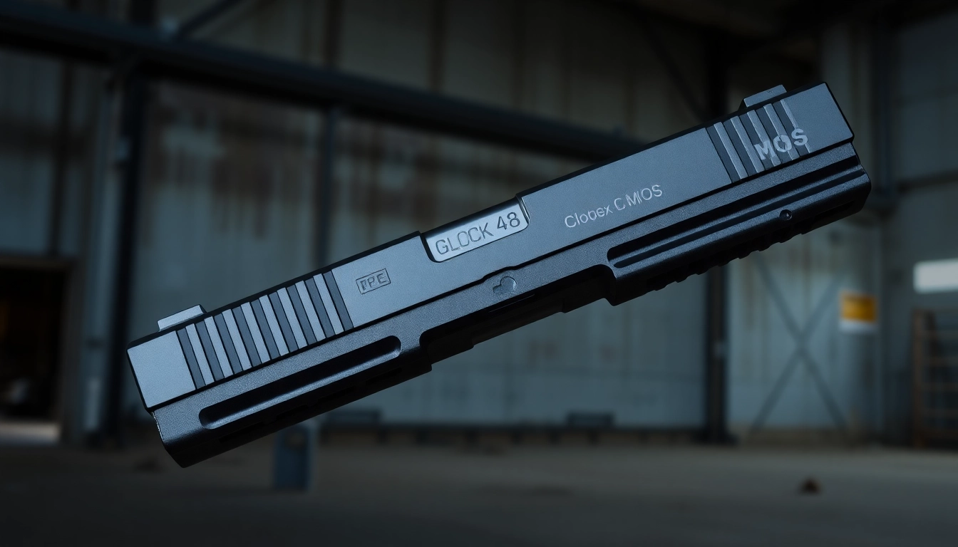 Glock 48 mos slide complete displayed with precision against an industrial backdrop.
