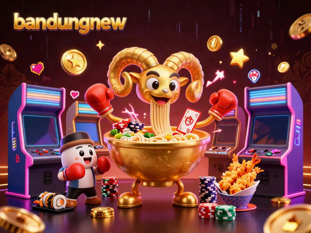 bandungnew showcases an engaging casino scene with a golden ramen bowl character and vibrant arcade elements