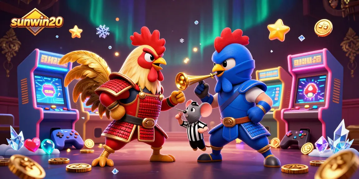 Witness a thrilling showdown with sunwin20 in this animated 3D rooster fight amidst dazzling gaming elements.