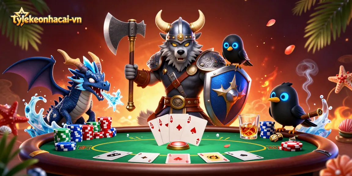 Play poker in style with tylekeonhacai-vn featuring a Viking wolf warrior, dragon, and vibrant casino elements.