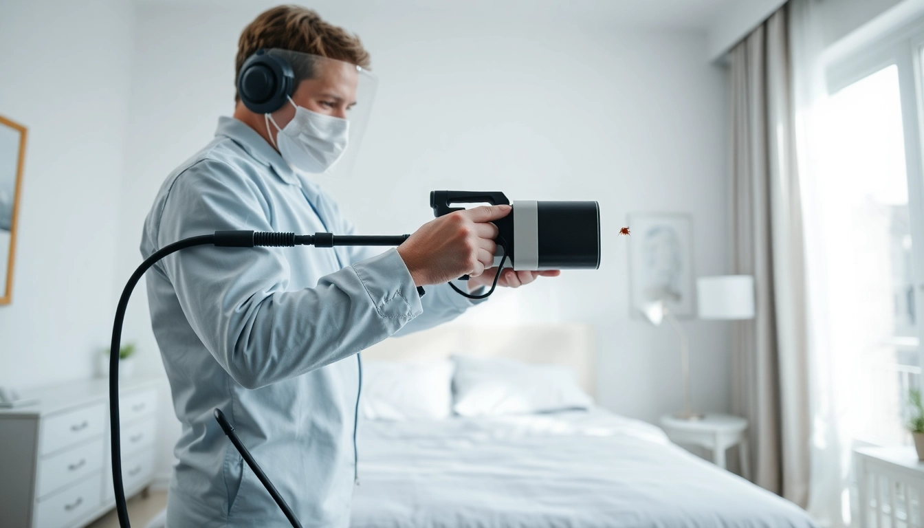 Technician conducting bed bug removal treatment in a bright, clean bedroom setting.