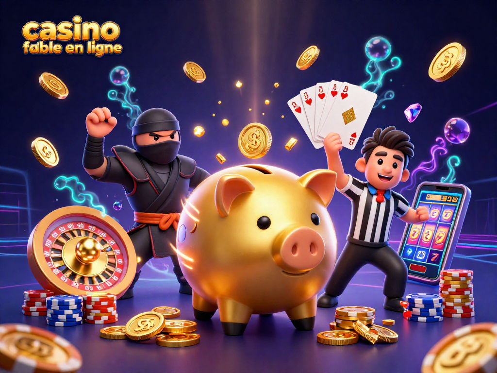 Casino fiable en ligne avec un sumo doré, des pièces d'or, et des jeux de cartes en action.