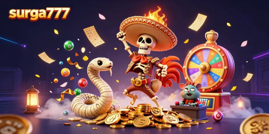 Join the excitement at Surga777 with vibrant casino elements and animated characters celebrating wins.