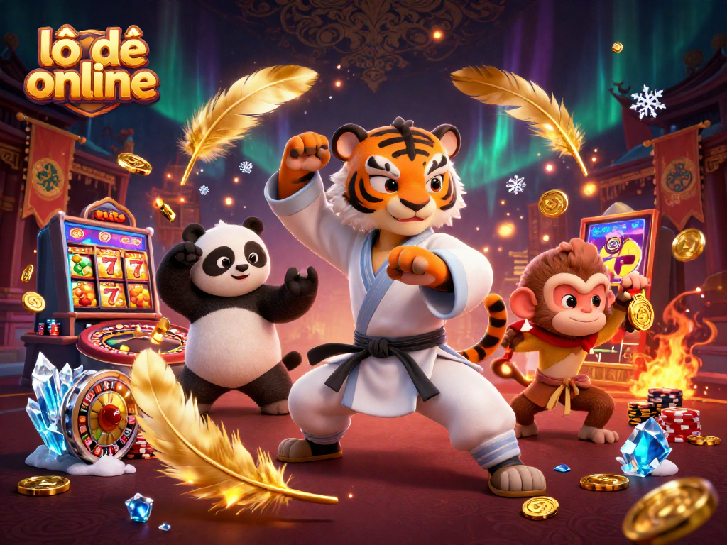 Experience lô đề online with a vibrant 3D illustration of a kung fu tiger amidst casino excitement.