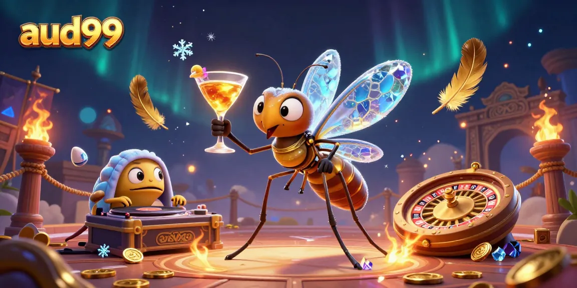 Spin the reels for aud99 winnings in a vibrant, animated casino scene!
