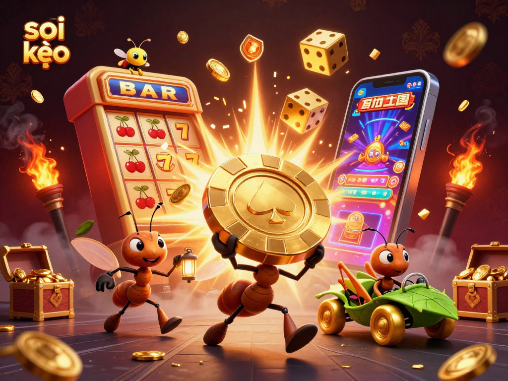 Engage in vibrant soi kèo action with 3D ants amidst dynamic casino elements, showcasing exciting betting possibilities.