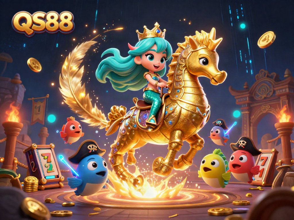 Experience exciting gamified adventures with QS88's 3D cartoon mermaid princess at a vibrant casino arena.