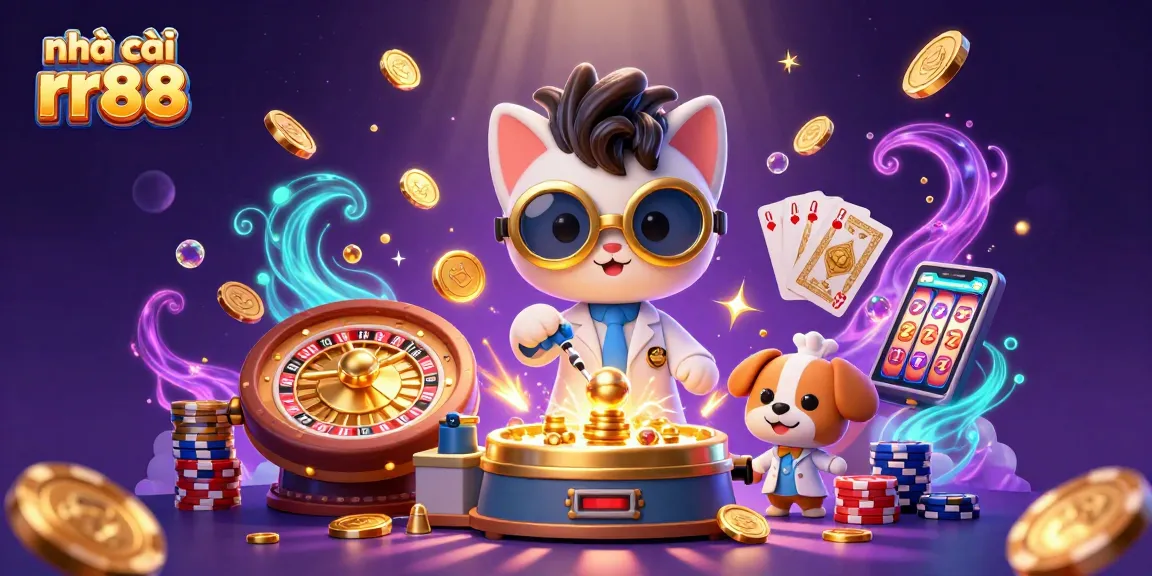 Experience thrilling fun at nhà cái rr88 with cartoon characters creating winning moments surrounded by casino elements.