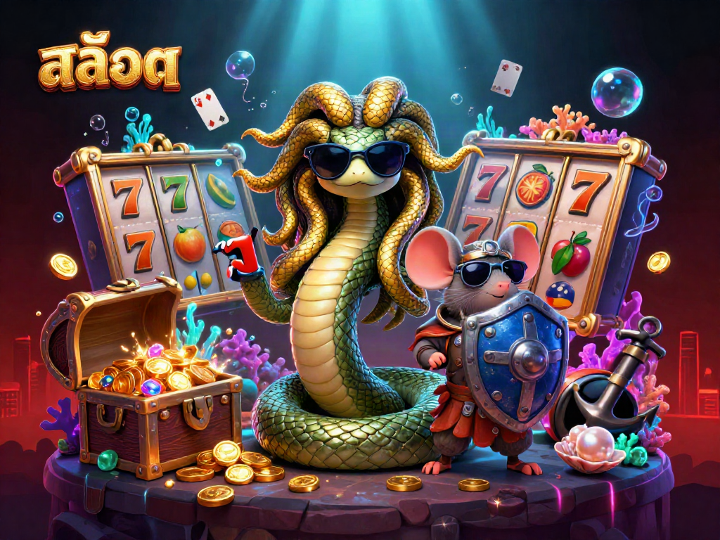 Engage with exciting สล็อต game elements in a vibrant 3D casino illustration featuring Medusa and warrior mouse.