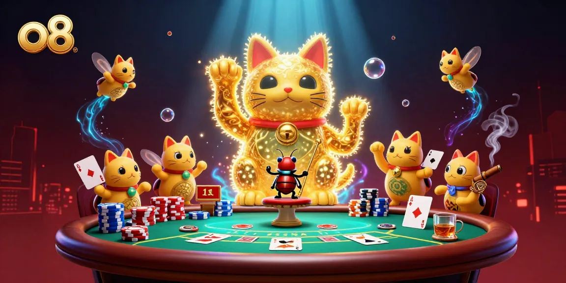 Experience thrilling casino action with the golden lucky cat at o8, surrounded by vibrant poker elements.