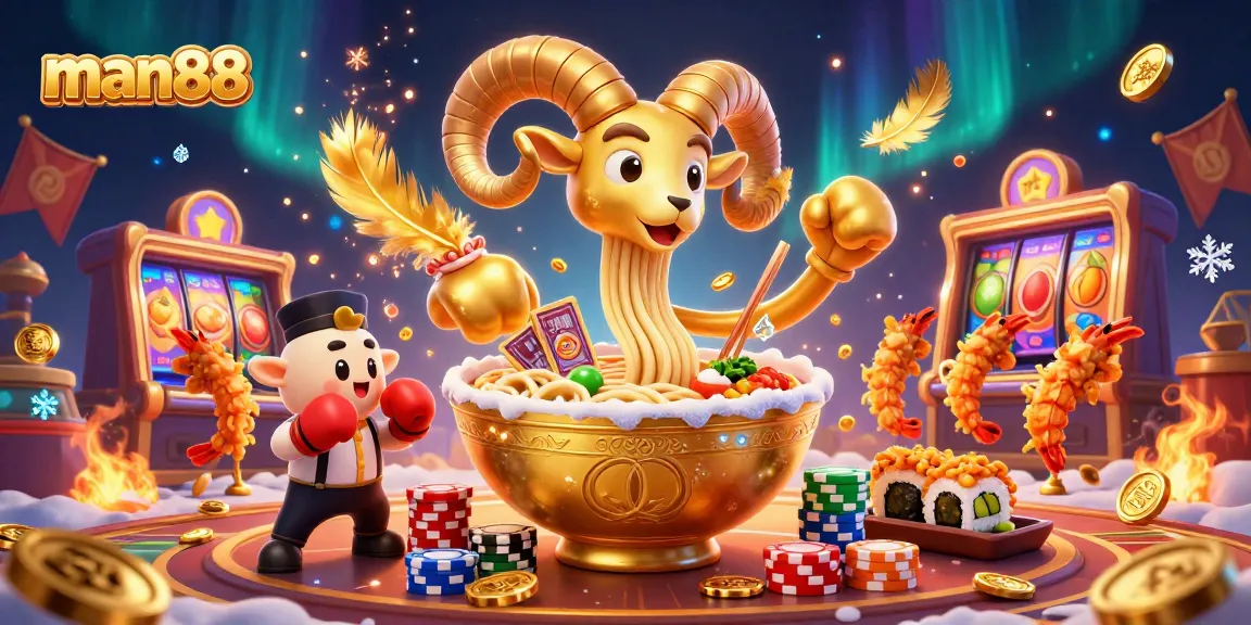 Win big with man88 at a vibrant casino scene featuring a golden ramen bowl dealer, engaging with fans.