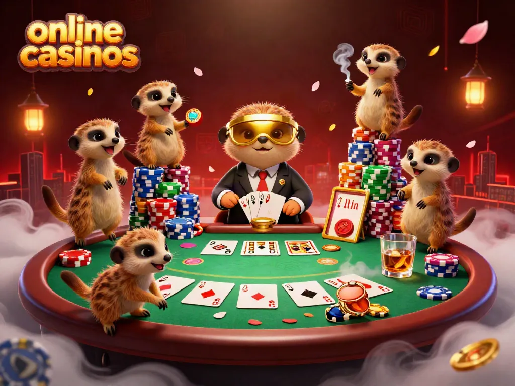 Experience the vibrant world of online casinos with meerkats managing a lively casino scene.