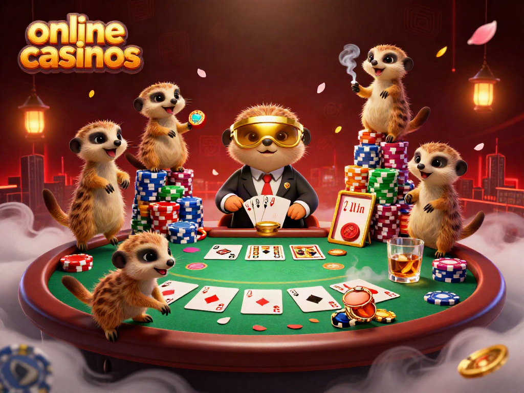 Experience the vibrant world of online casinos with meerkats managing a lively casino scene.