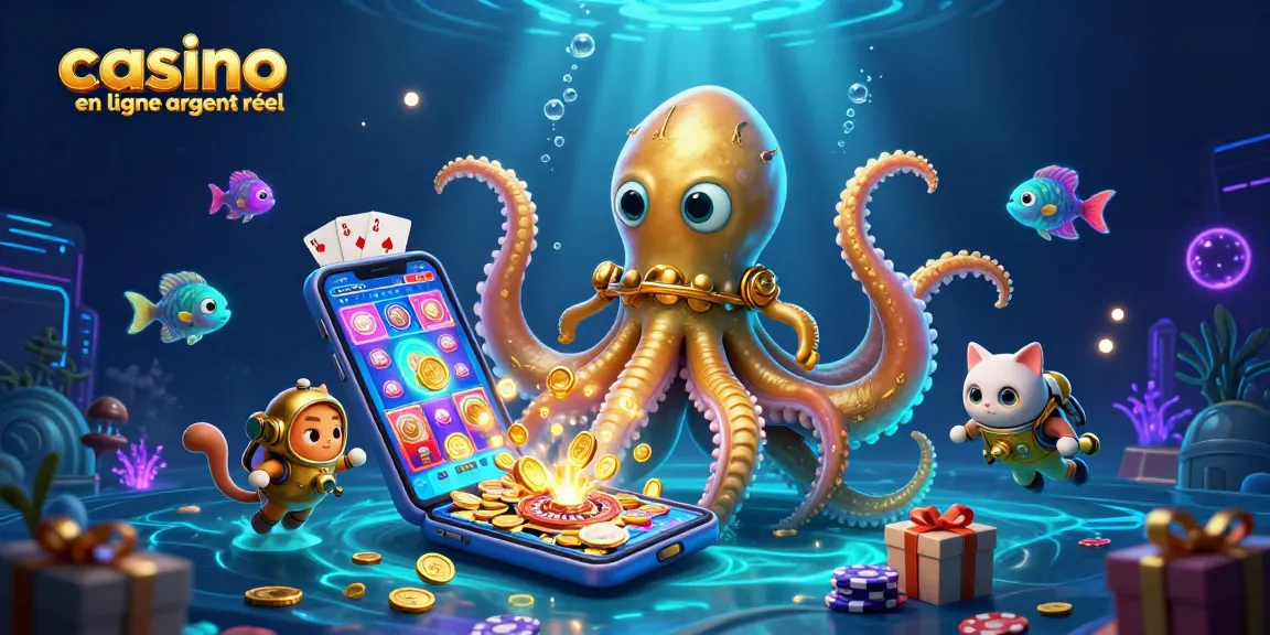 Découvrez l'univers du casino en ligne argent réel avec ce kraken légendaire et un chat plongeur jouant à des jeux captivants.