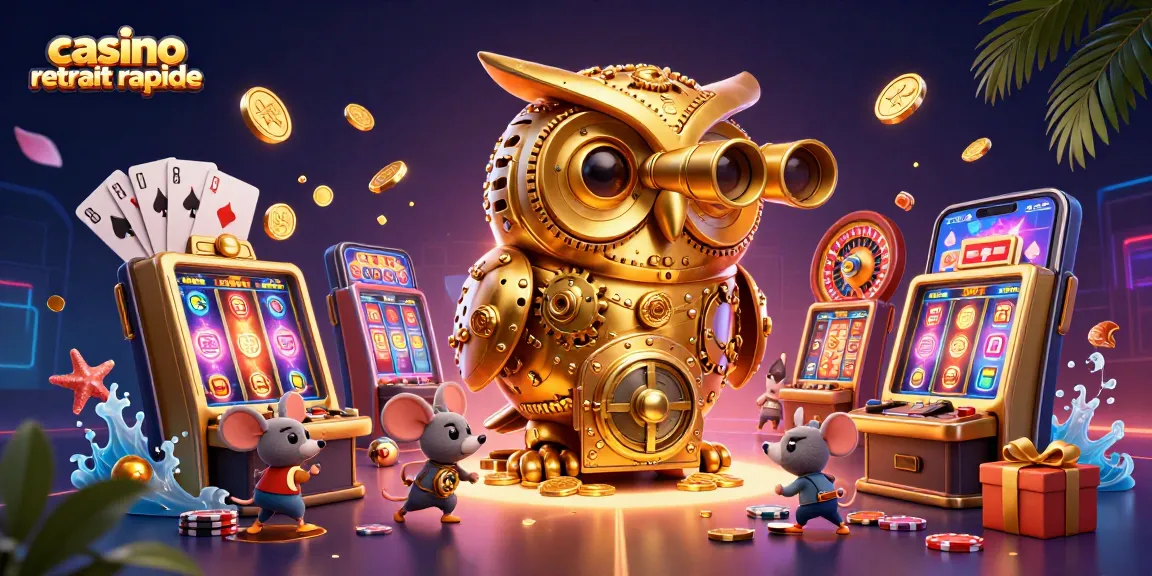 Casino retrait rapide avec une illustration 3D dynamique d'un hibou doré et des souris dans un casino aux jeux colorés.