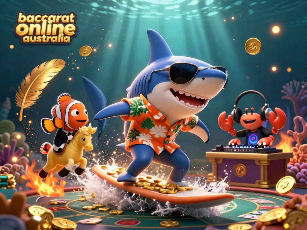 Experience baccarat online Australia with thrilling visuals of a shark surfing on coins.