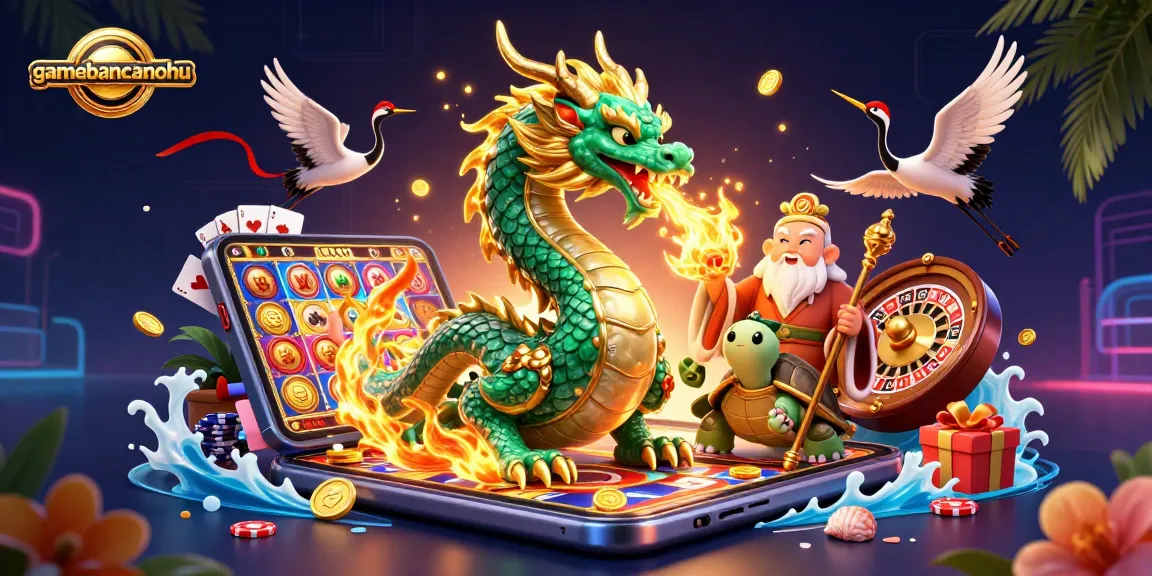gamebancanohu features an emerald jade dragon and a turtle sage in a vibrant casino scene.
