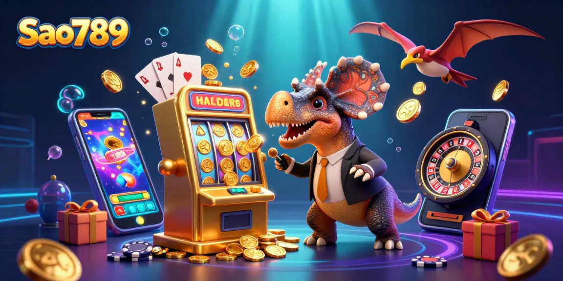 Sao789 showcases a 3D pachycephalosaurus winning jackpot coins at a slot machine with an ankylosaur manager and flying golden coins.