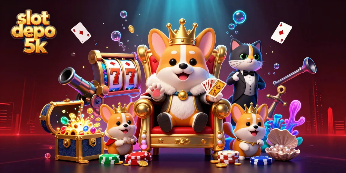 Slot depo 5k menampilkan corgi kerajaan dengan mahkota emas di antara simbol jackpot dan permainan slot.