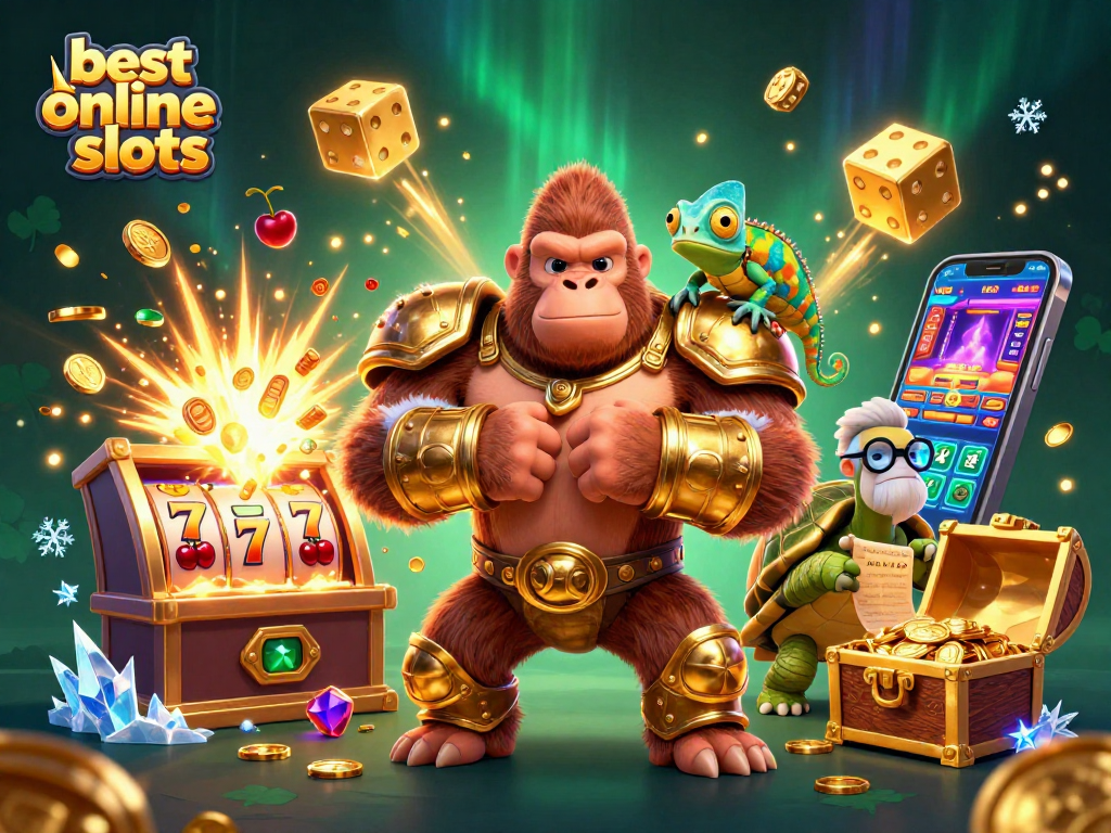 Experience the best online slots with a dynamic scene featuring a gorilla king, chameleon, and tortoise amidst thrilling slot elements.