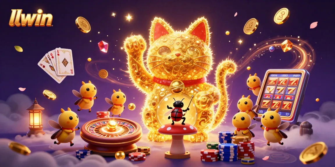 Experience winning with llwin as golden fireflies create a lucky cat among casino treasures.