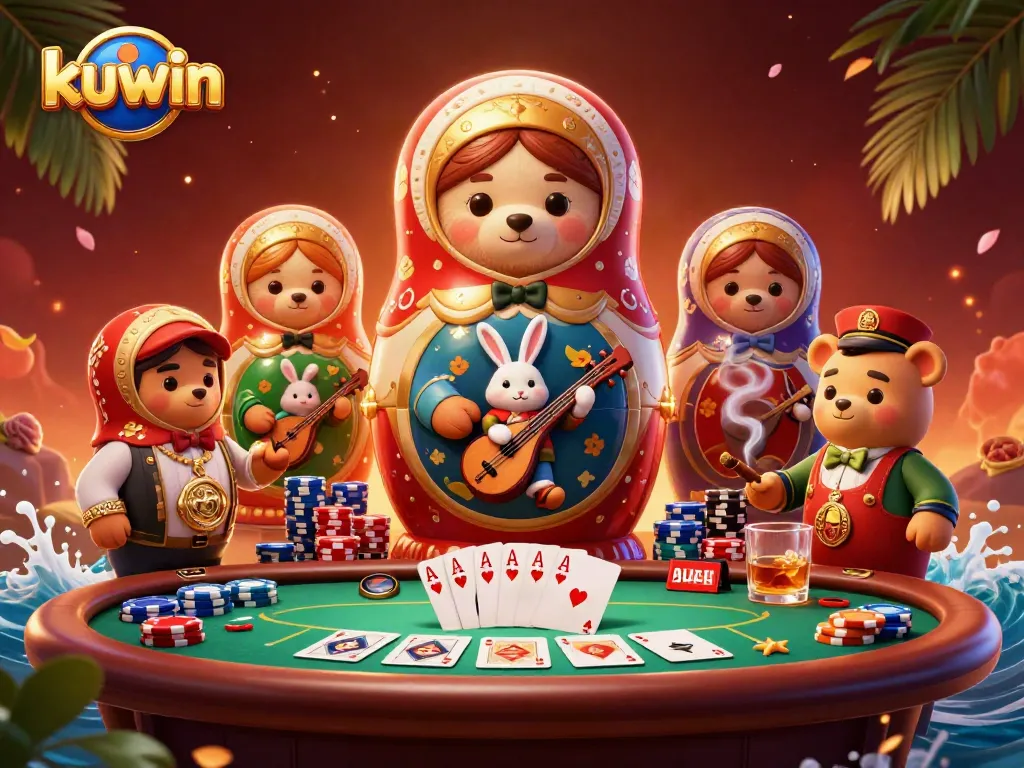 Kuwin's vibrant casino scene brings players to life with animated bears and poker action.