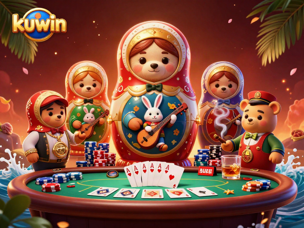 Kuwin's vibrant casino scene brings players to life with animated bears and poker action.