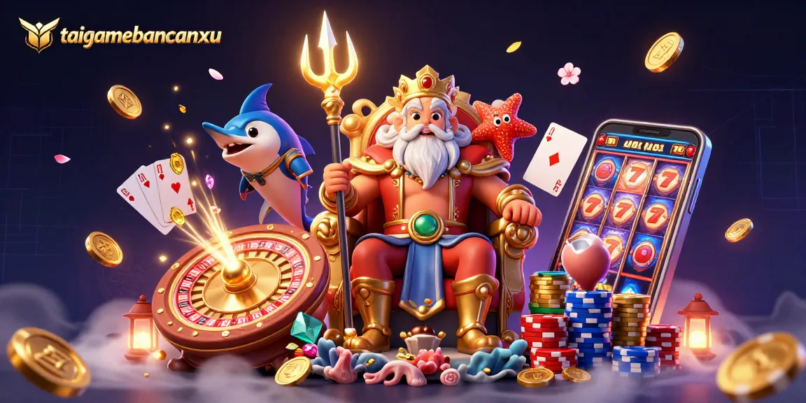 Experience taigamebancaanxu with Neptune and engaging casino elements like slot reels and roulette.