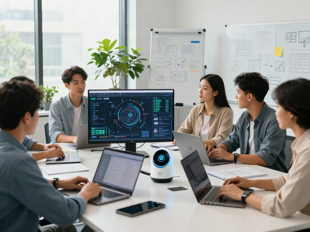 Team collaborating on AI projects, highlighting crush on ai technology in a modern workspace.