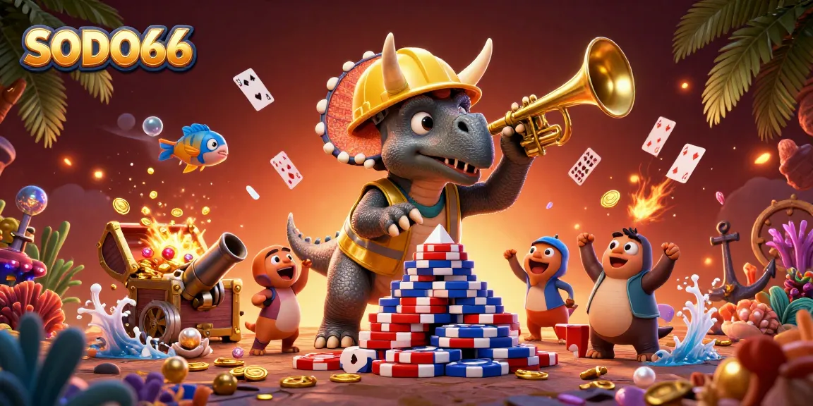 SODO66 showcases a whimsical 3D triceratops building poker chips, celebrating amidst gems and treasure.