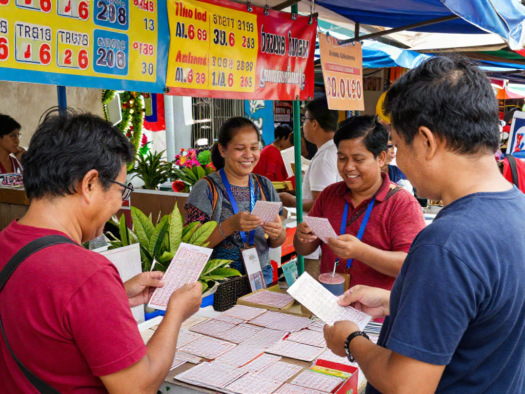 Excited market scene with lottery fans purchasing toto togel tickets amidst vibrant decorations and energy.
