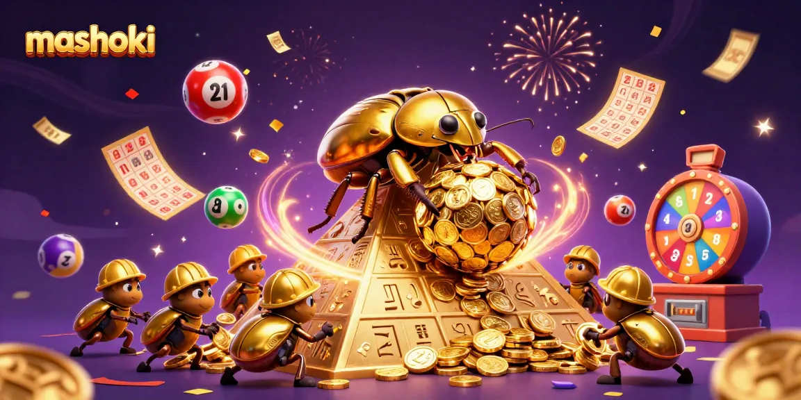 Experience the thrill of mashoki as golden beetles roll coins in a vibrant casino-themed scene.