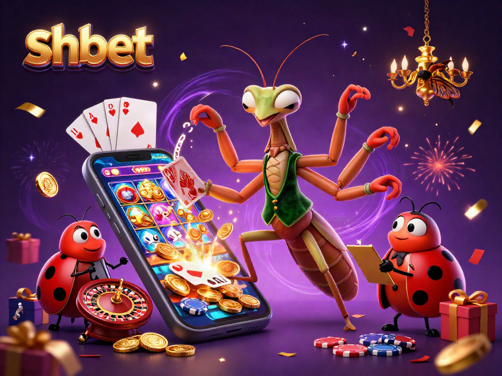 shbet showcases a vibrant gambling scene with a 3D praying mantis card sharp dealing cards amidst festive elements.