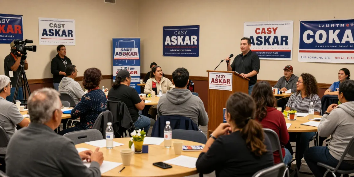 Casey Askar engaging with constituents at a town hall meeting, highlighting community involvement and political discussion.