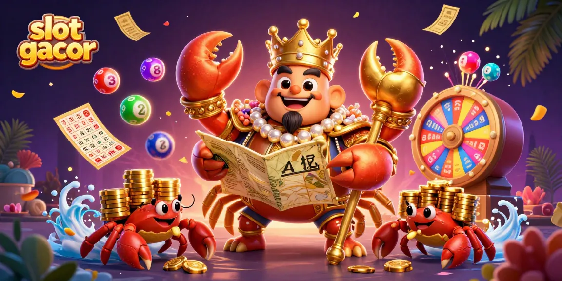 Experience slot gacor action with a golden crab emperor, vibrant lottery balls, and thrilling casino elements.