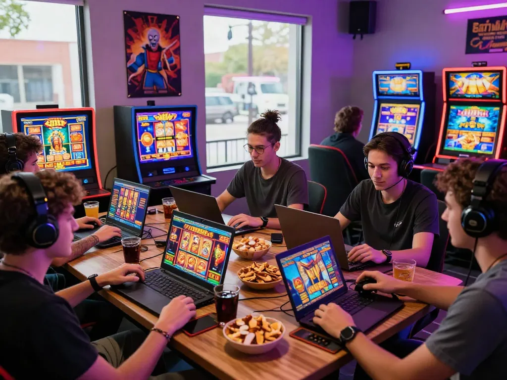 Friends enjoying a lively gaming atmosphere playing slot online games on laptops and tablets.